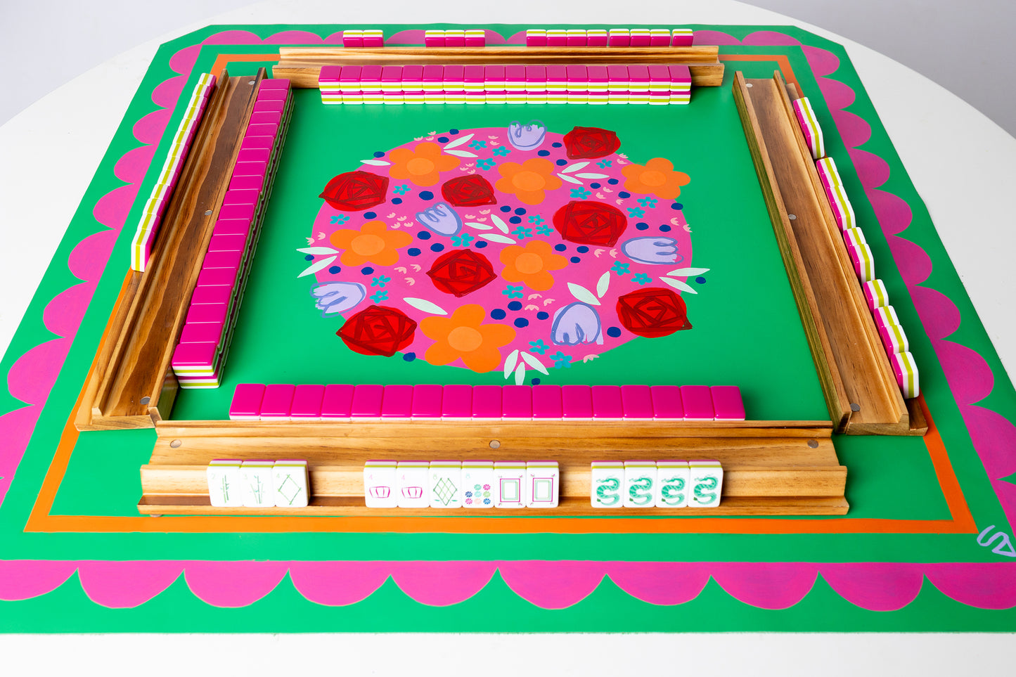 All The Flowers Leather Mahjong Mat in Green