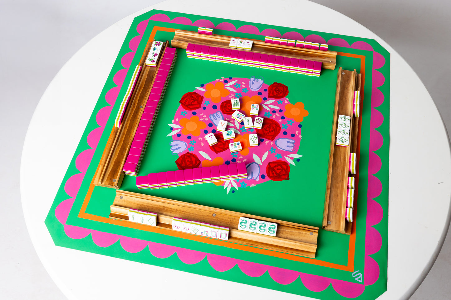 All The Flowers Leather Mahjong Mat in Green