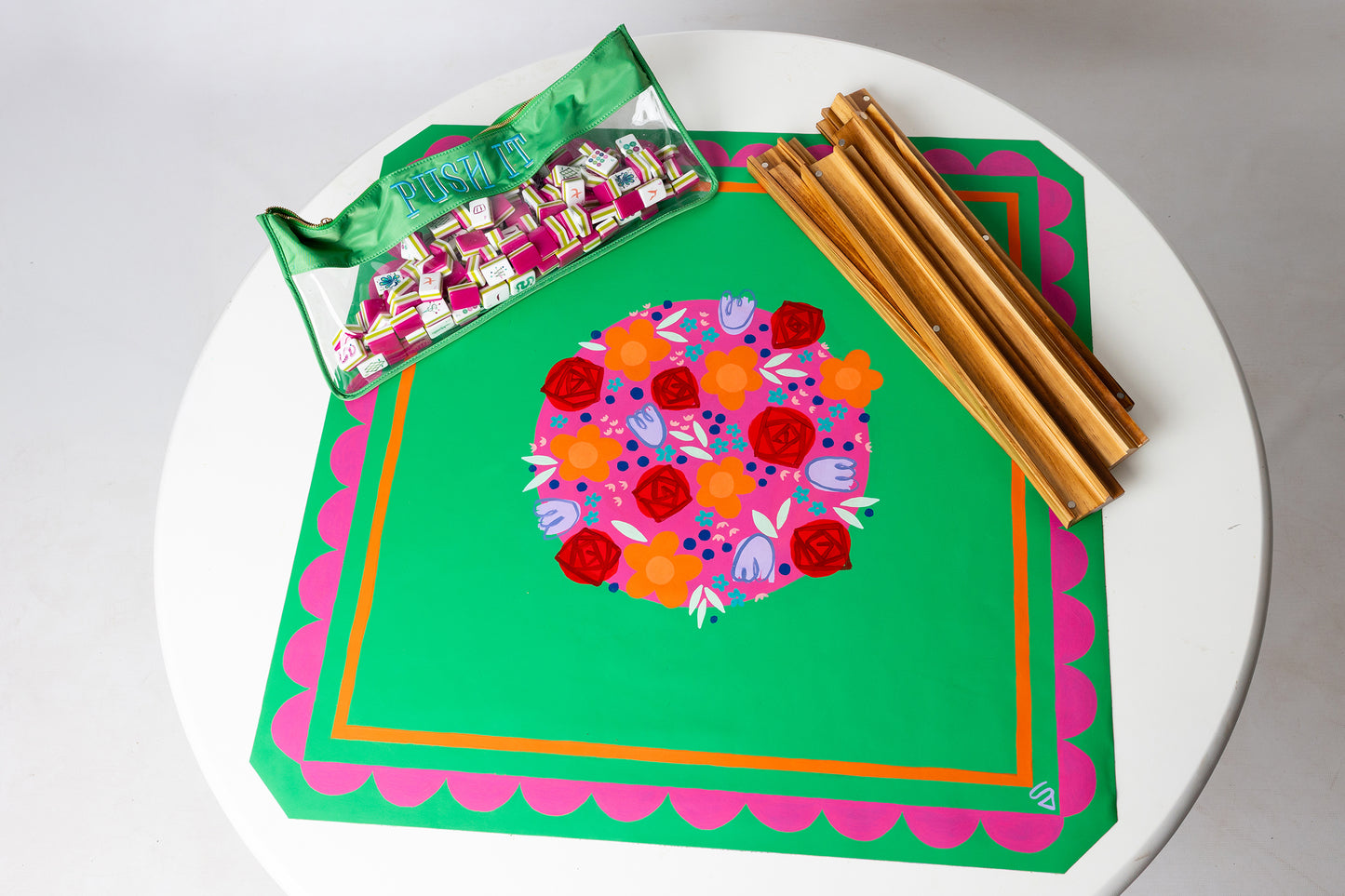 All The Flowers Leather Mahjong Mat in Green